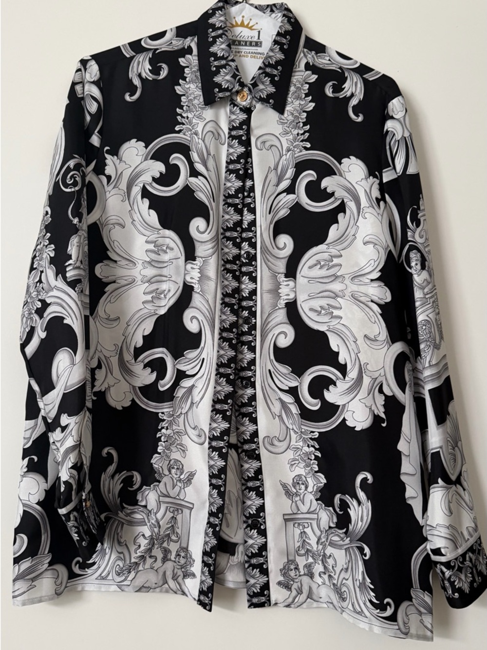 Versace Baroque Silk Shirt Medusa Button Black White Size 40 Authentic NFC